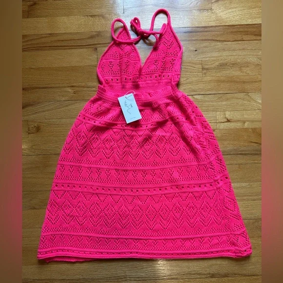 Knit Mix Women's Vacation Beach Halter Crochet Cover Up Dress - Picture 2 of 2